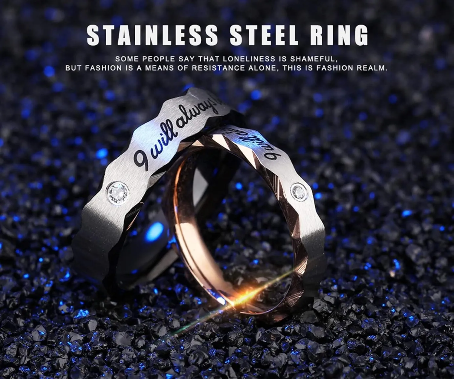 KnSam Couple Ring Stainless Steel Engraved I Will Always Be with You Black Rose Gold Anniversary Rings