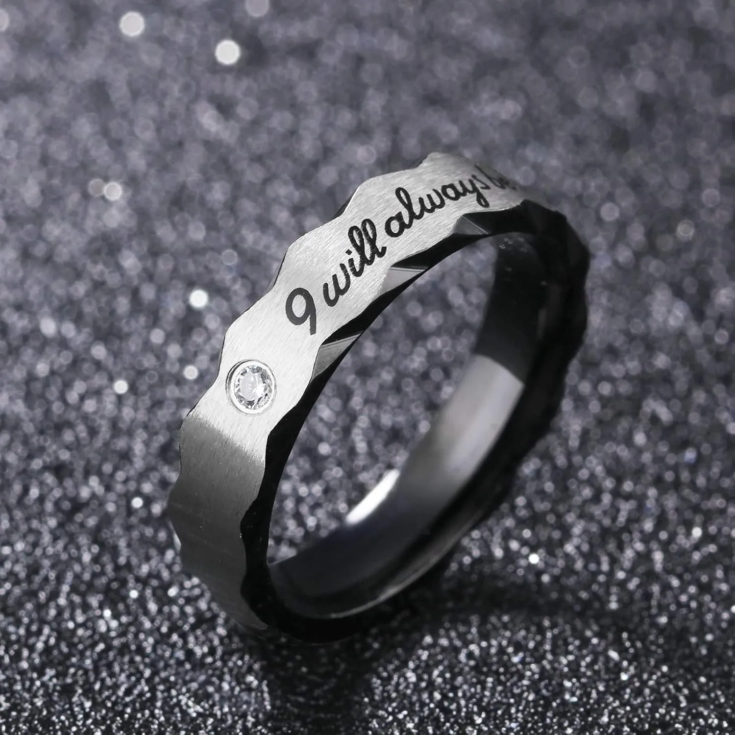 KnSam Couple Ring Stainless Steel Engraved I Will Always Be with You Black Rose Gold Anniversary Rings