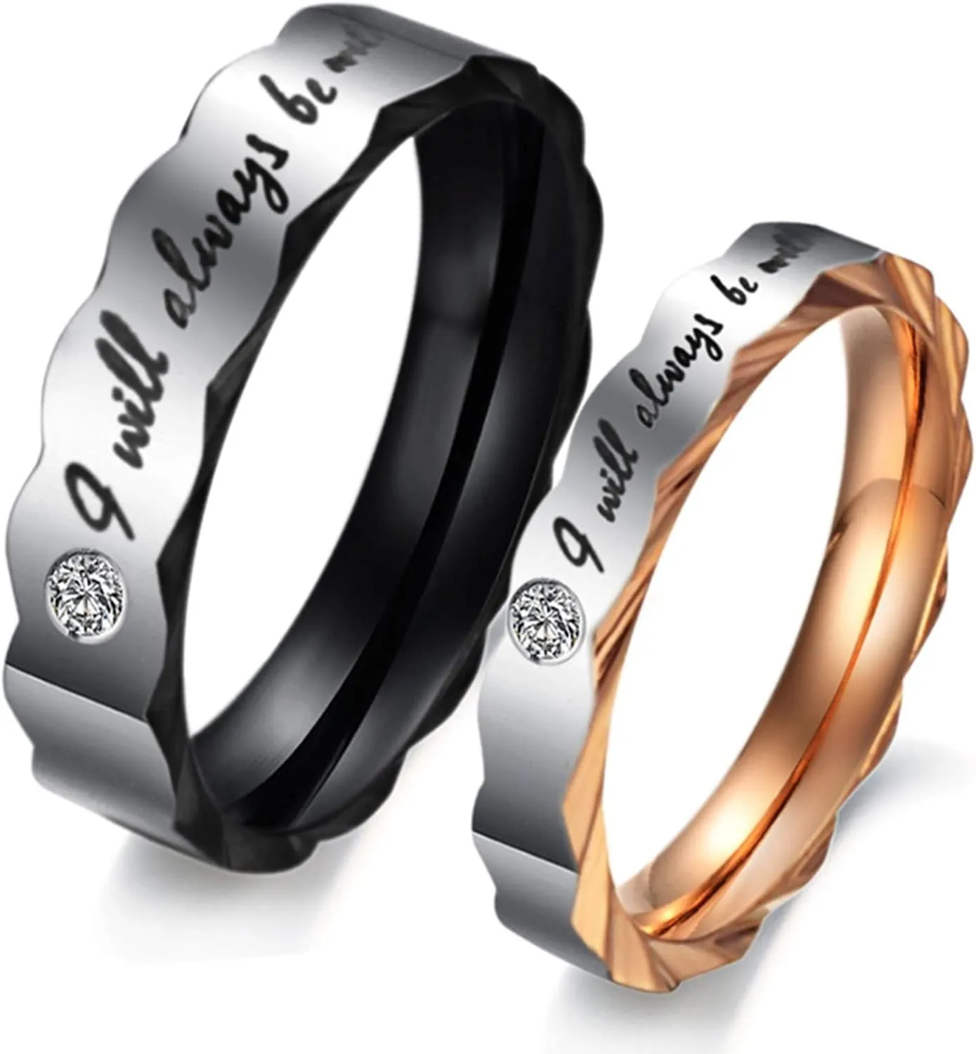 KnSam Couple Ring Stainless Steel Engraved I Will Always Be with You Black Rose Gold Anniversary Rings