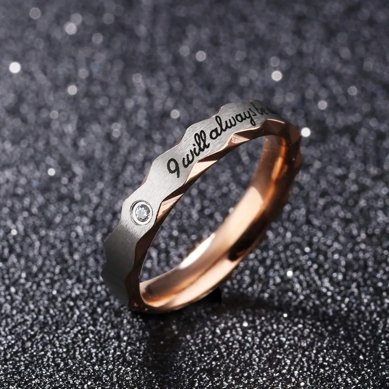 KnSam Couple Ring Stainless Steel Engraved I Will Always Be with You Black Rose Gold Anniversary Rings