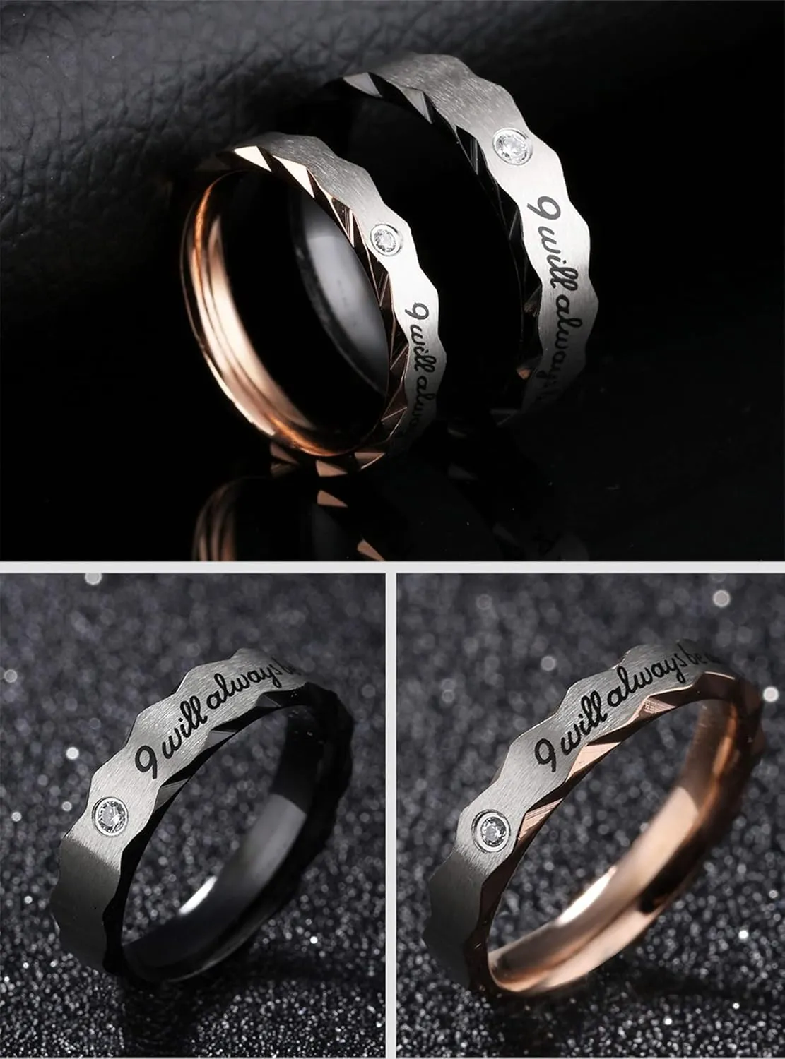 KnSam Couple Ring Stainless Steel Engraved I Will Always Be with You Black Rose Gold Anniversary Rings