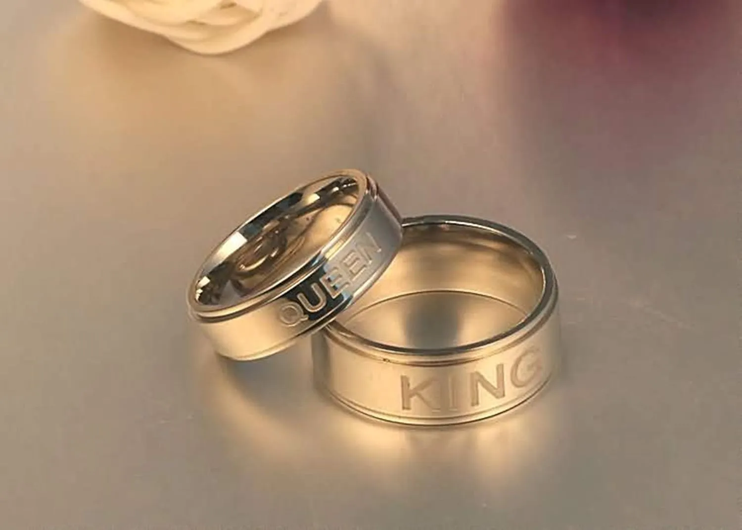 KnSam Couple Ring Stainless Steel Engraved Queen and King Silver Ring Size 5-13