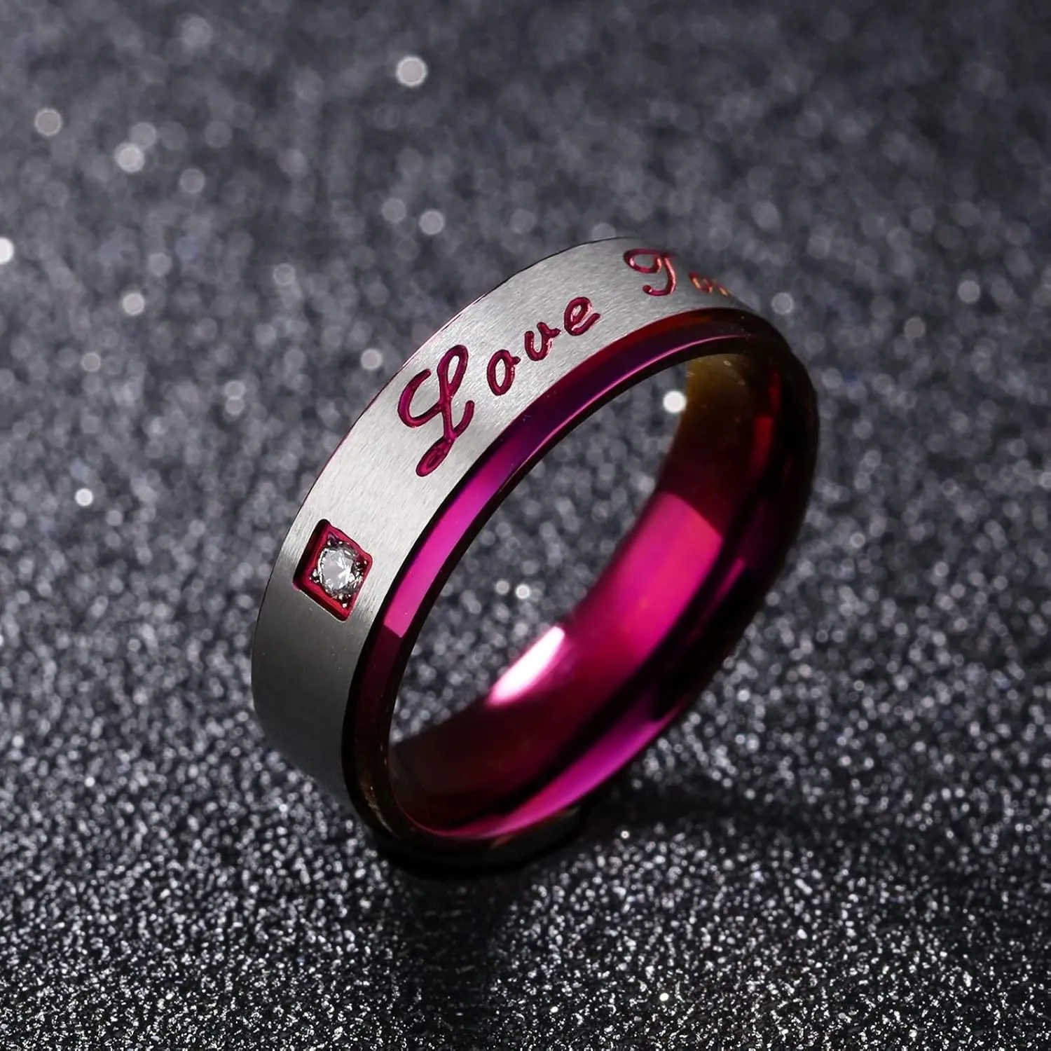 KnSam Couple Ring Stainless Steel Engraved Ring Zircon White Purple Cute Promise Rings