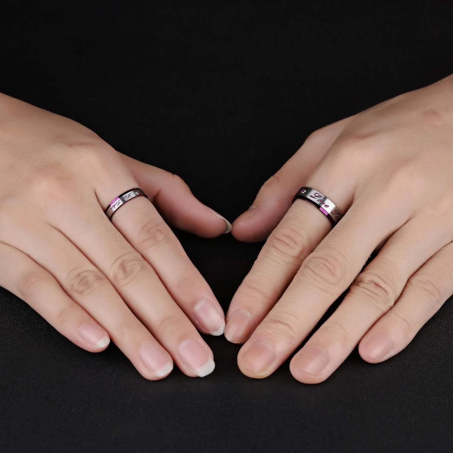 KnSam Couple Ring Stainless Steel Engraved Ring Zircon White Purple Cute Promise Rings