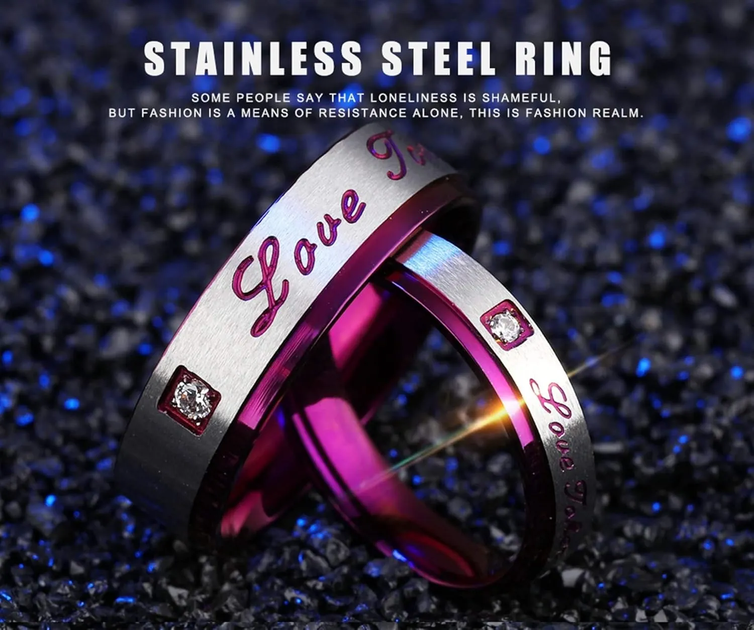KnSam Couple Ring Stainless Steel Engraved Ring Zircon White Purple Cute Promise Rings