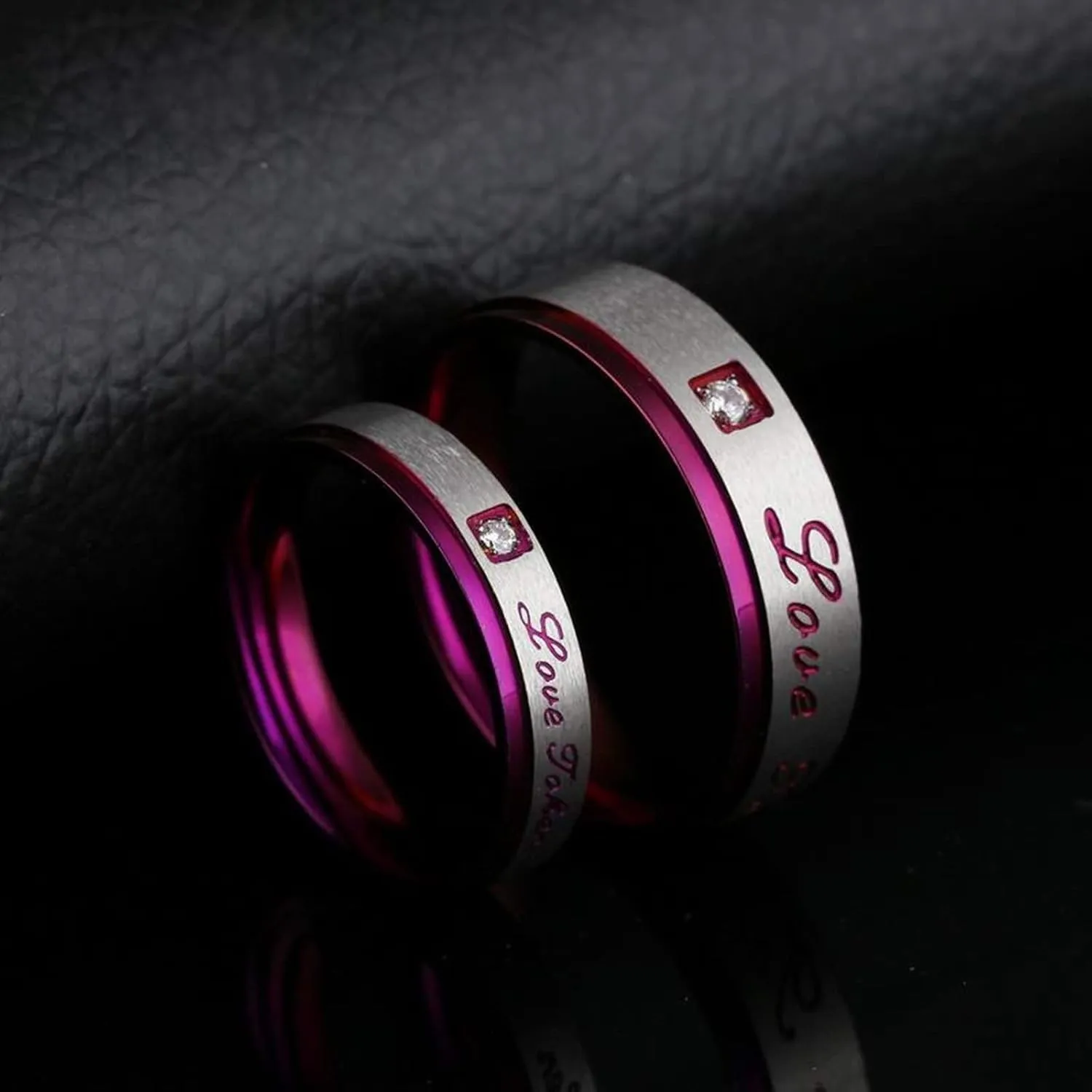 KnSam Couple Ring Stainless Steel Engraved Ring Zircon White Purple Cute Promise Rings
