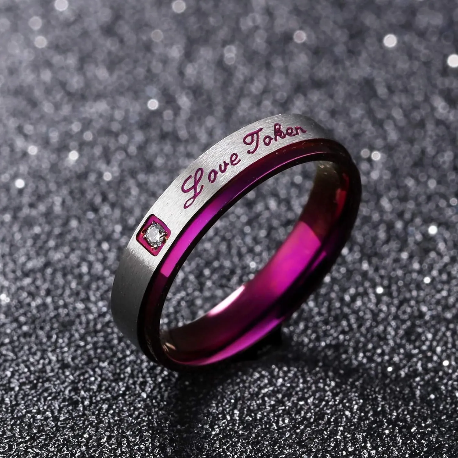 KnSam Couple Ring Stainless Steel Engraved Ring Zircon White Purple Cute Promise Rings