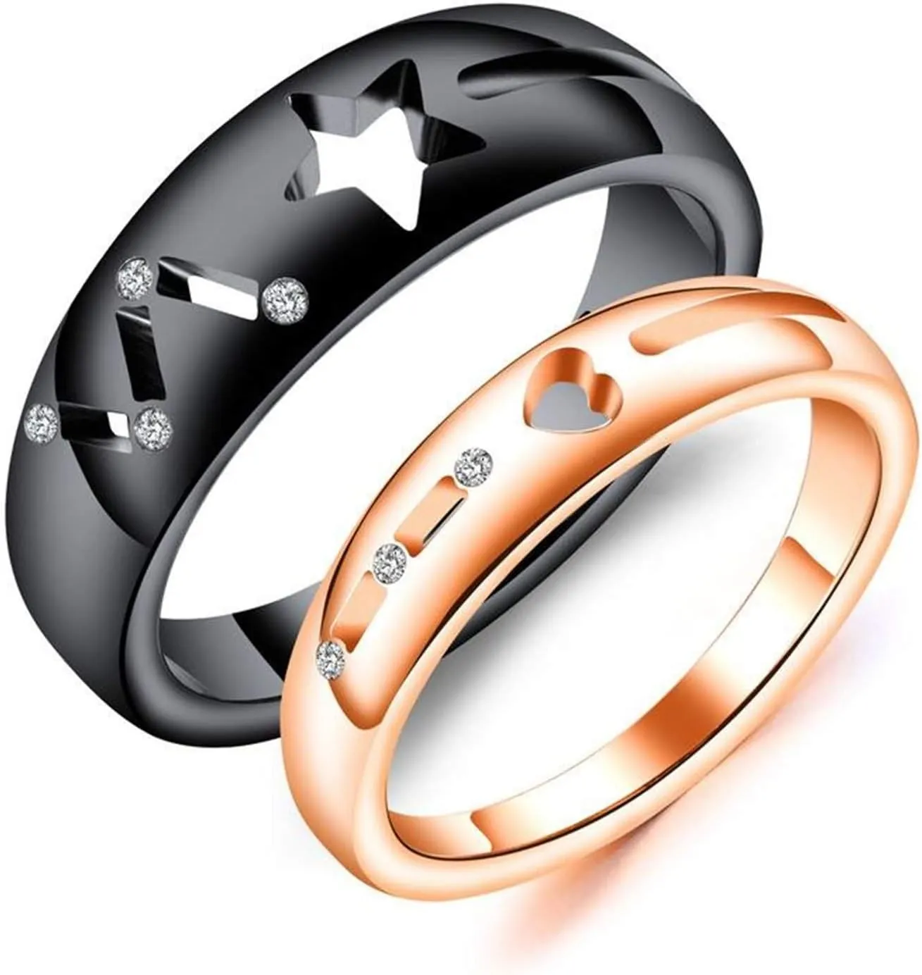 KnSam Couple Ring Stainless Steel Hollow Star Heart Shape White Zircon Black Rose Gold Couple Promise Rings