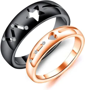 KnSam Couple Ring Stainless Steel Hollow Star Heart Shape White Zircon Black Rose Gold Couple Promise Rings