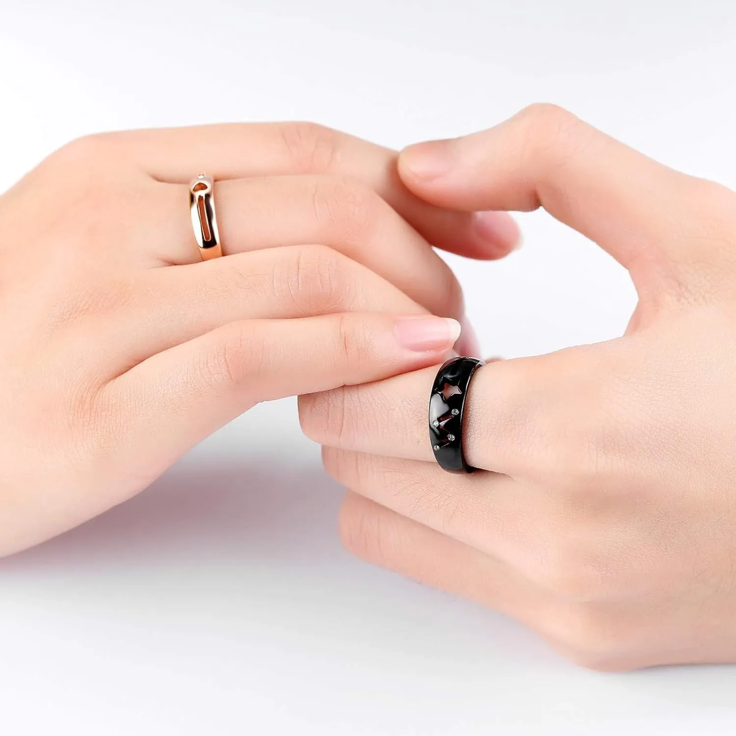 KnSam Couple Ring Stainless Steel Hollow Star Heart Shape White Zircon Black Rose Gold Couple Promise Rings