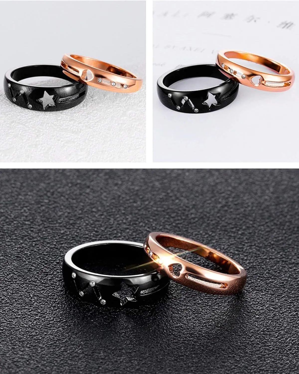 KnSam Couple Ring Stainless Steel Hollow Star Heart Shape White Zircon Black Rose Gold Couple Promise Rings