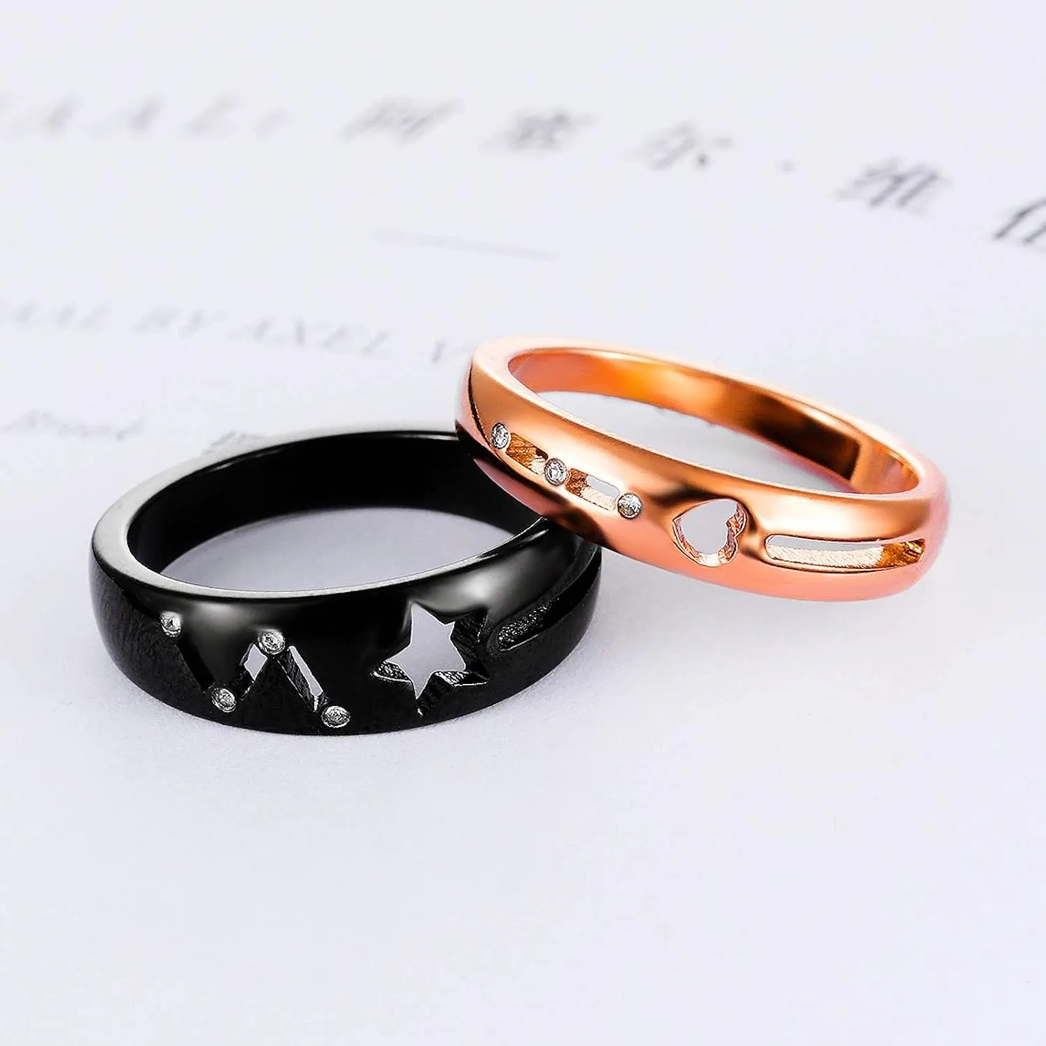 KnSam Couple Ring Stainless Steel Hollow Star Heart Shape White Zircon Black Rose Gold Couple Promise Rings