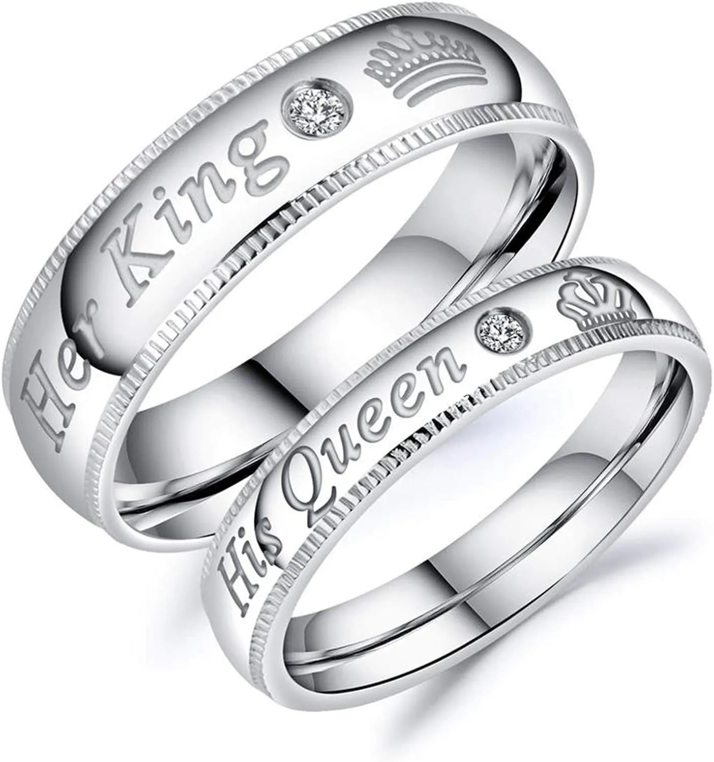 KnSam Couple Ring Stainless Steel Inlaid Zircon Carving Her King His Queen Crown Silver Rings Comfort Fit
