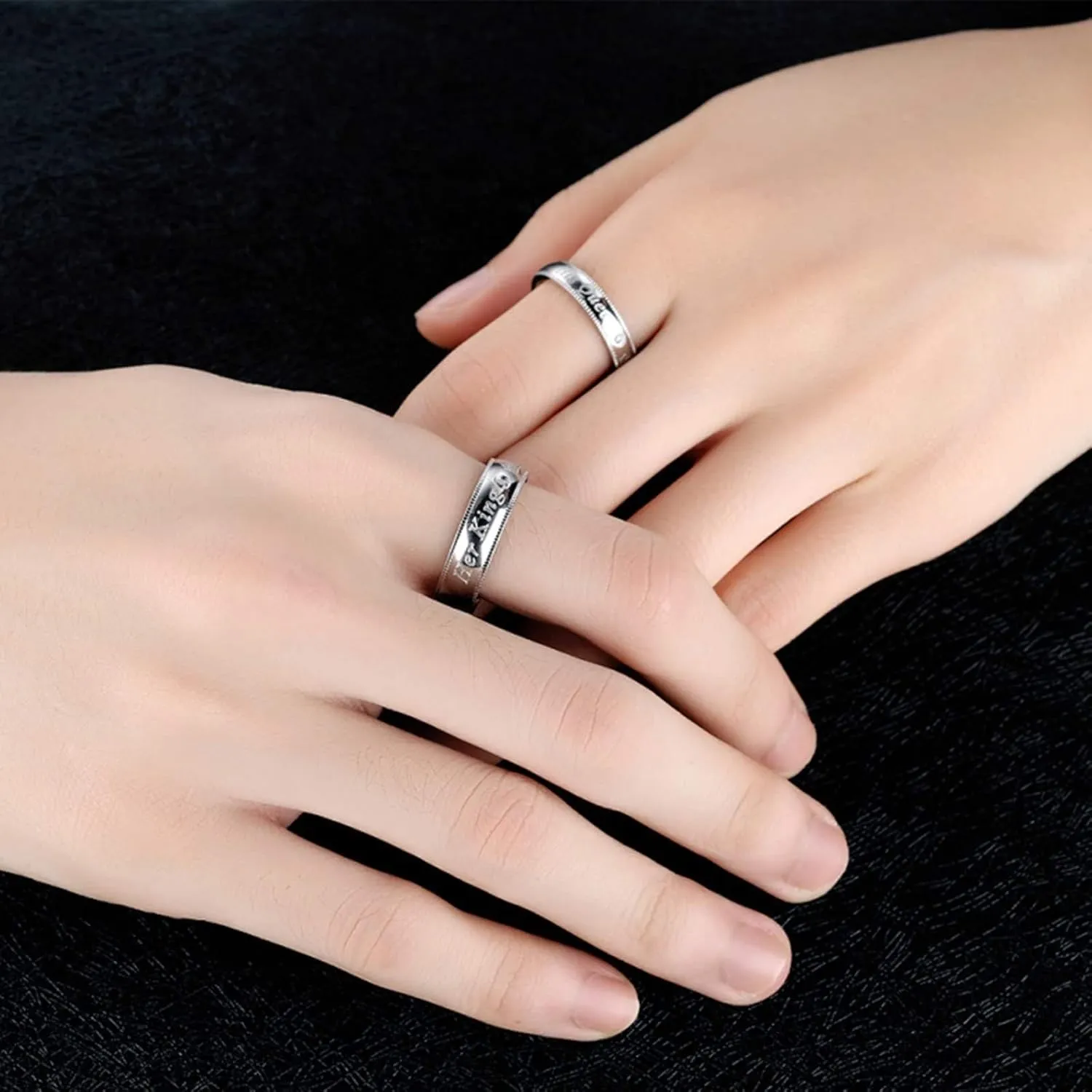 KnSam Couple Ring Stainless Steel Inlaid Zircon Carving Her King His Queen Crown Silver Rings Comfort Fit