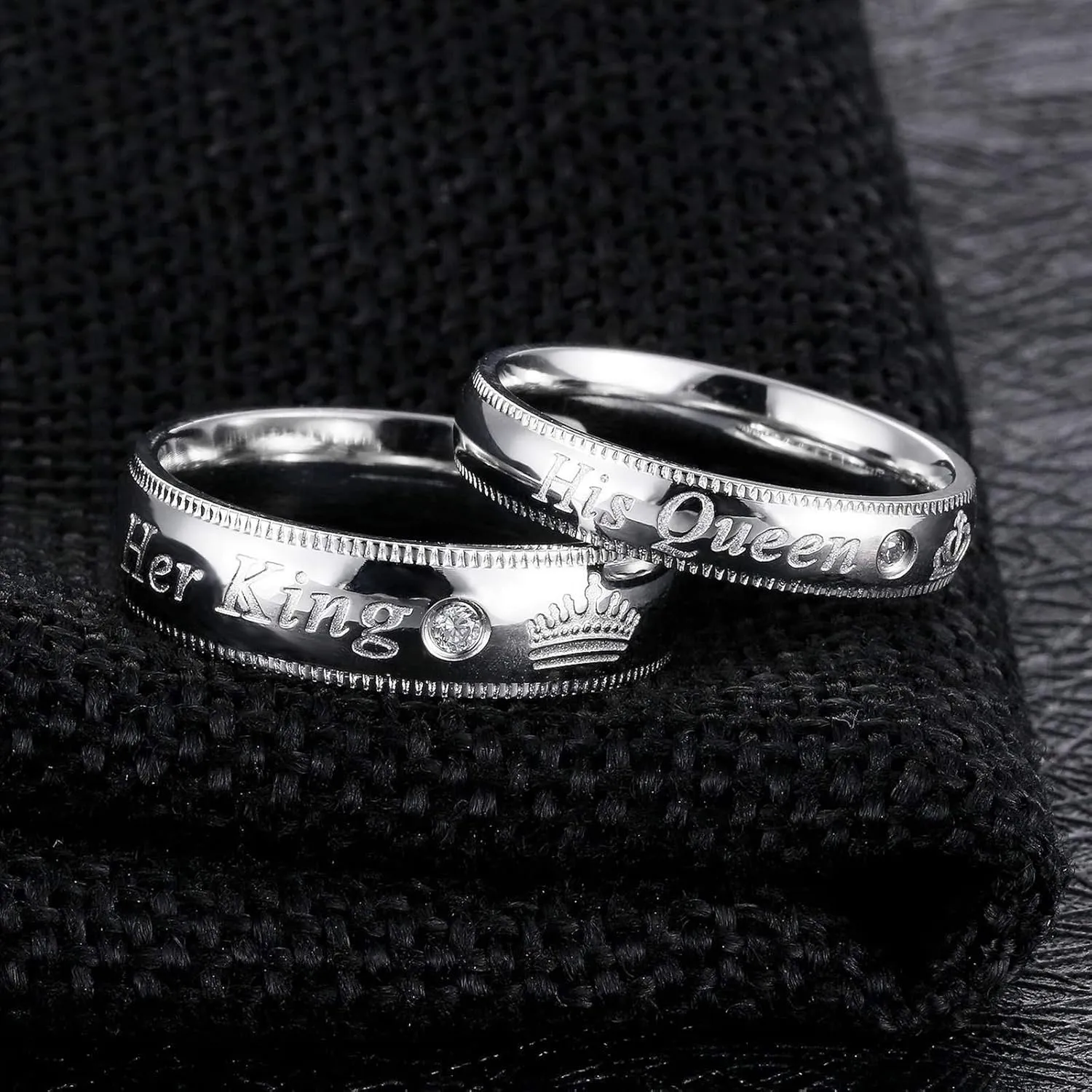 KnSam Couple Ring Stainless Steel Inlaid Zircon Carving Her King His Queen Crown Silver Rings Comfort Fit