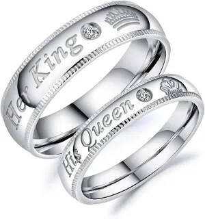 KnSam Couple Ring Stainless Steel Inlaid Zircon Carving Her King His Queen Crown Silver Rings Comfort Fit