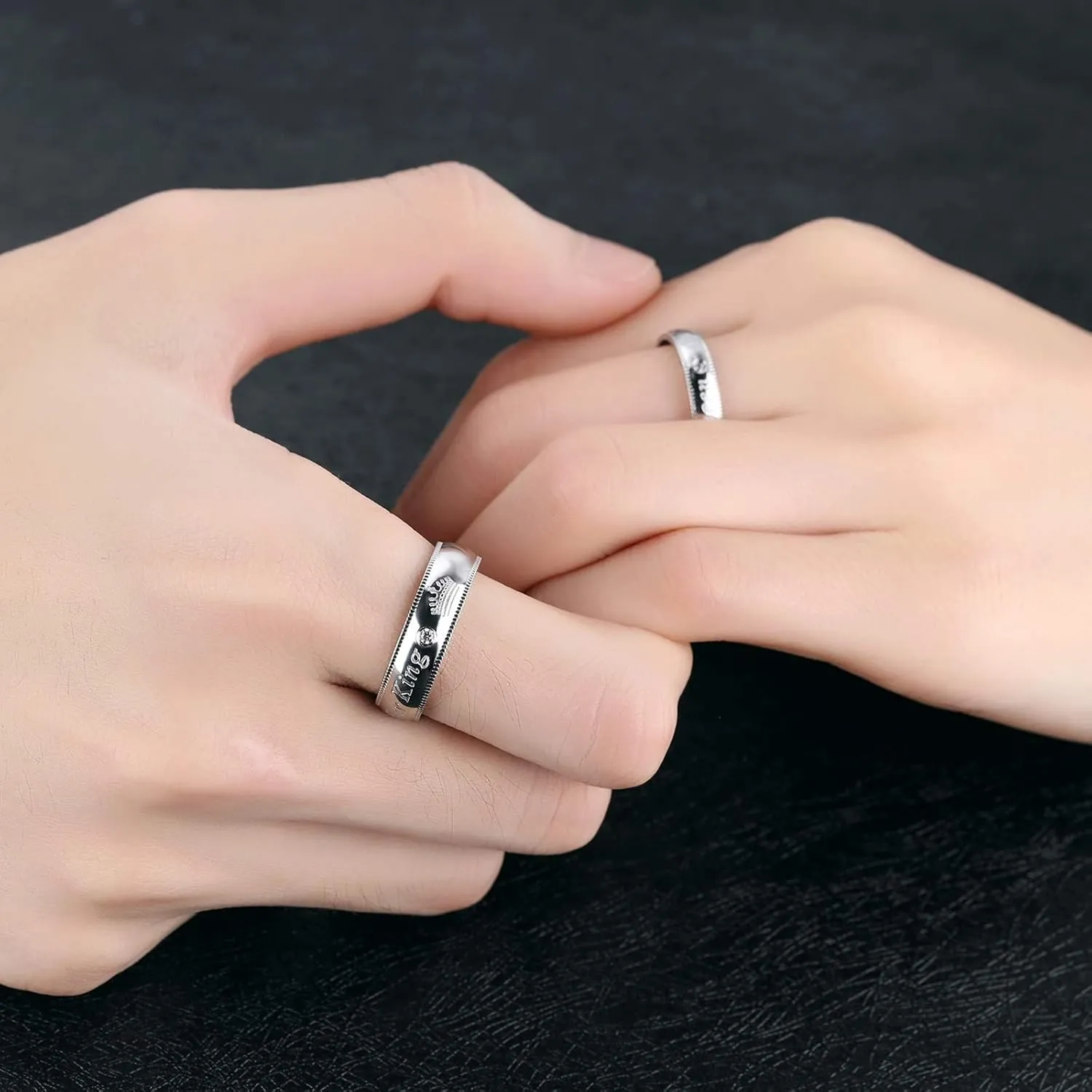 KnSam Couple Ring Stainless Steel Inlaid Zircon Carving Her King His Queen Crown Silver Rings Comfort Fit