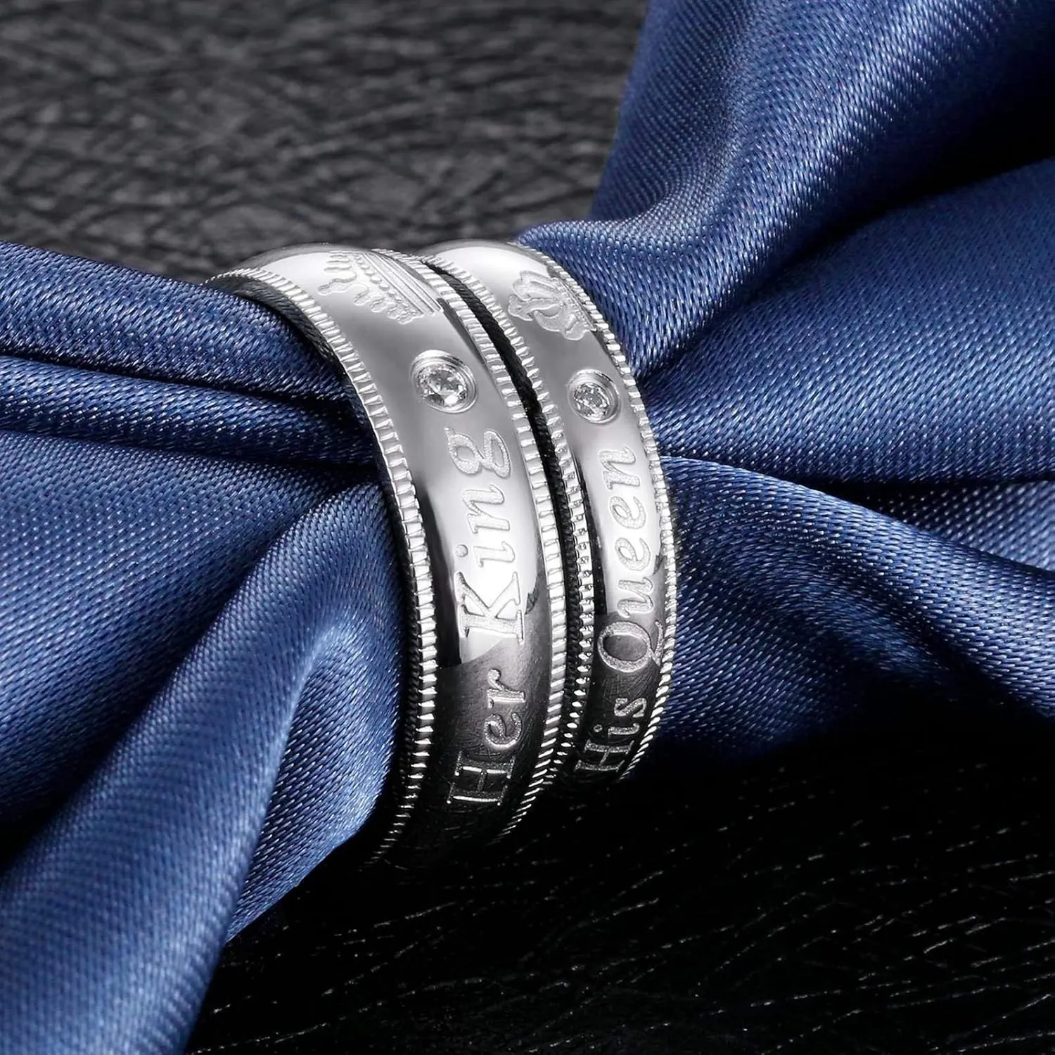 KnSam Couple Ring Stainless Steel Inlaid Zircon Carving Her King His Queen Crown Silver Rings Comfort Fit