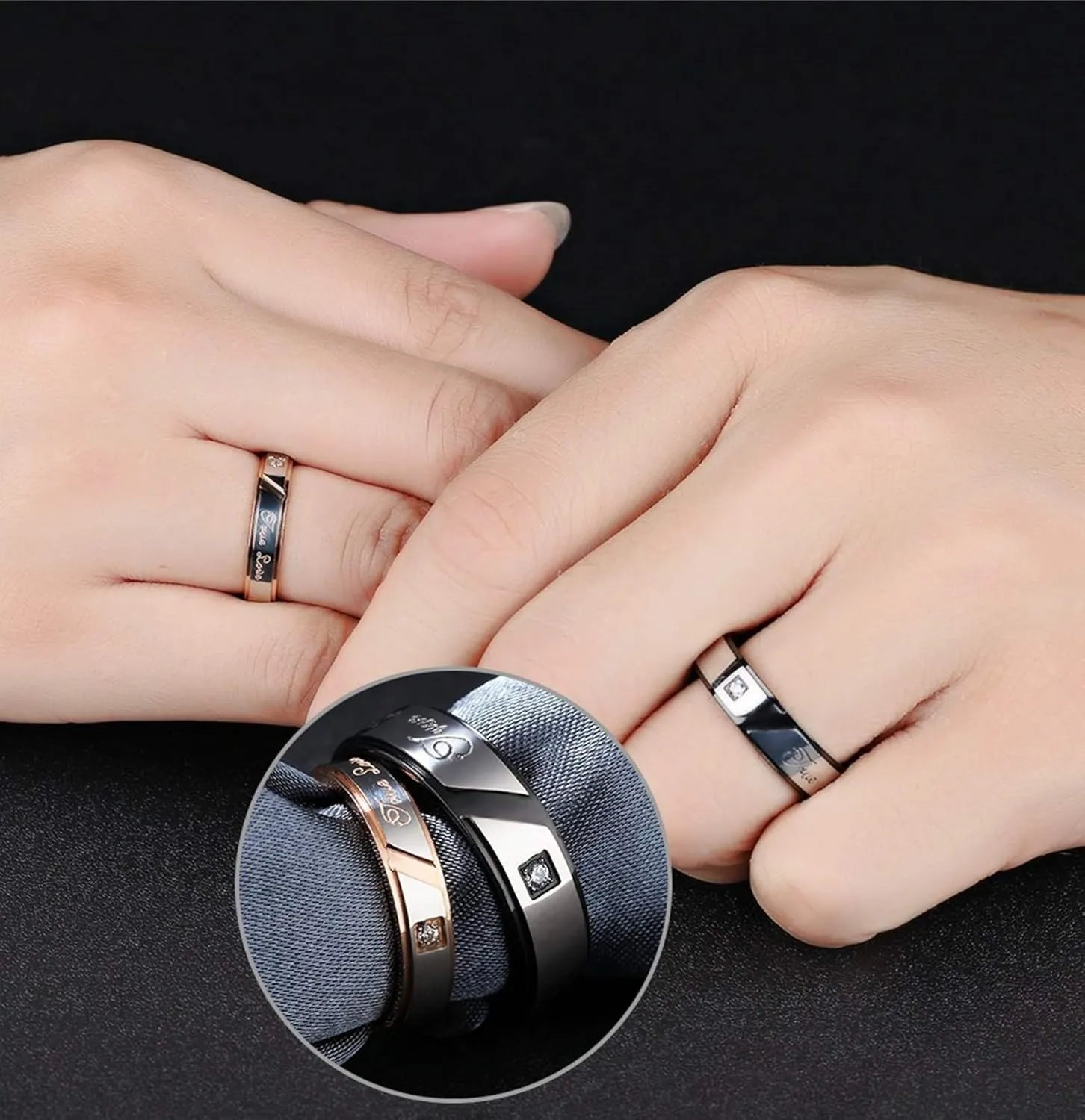 KnSam Couple Ring Stainless Steel Shinning Cubic Zirconia Smooth Black Rose Gold Promise Rings for Couples