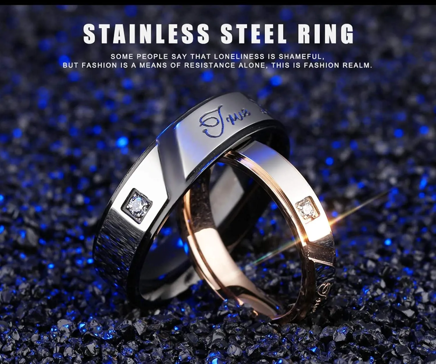 KnSam Couple Ring Stainless Steel Shinning Cubic Zirconia Smooth Black Rose Gold Promise Rings for Couples
