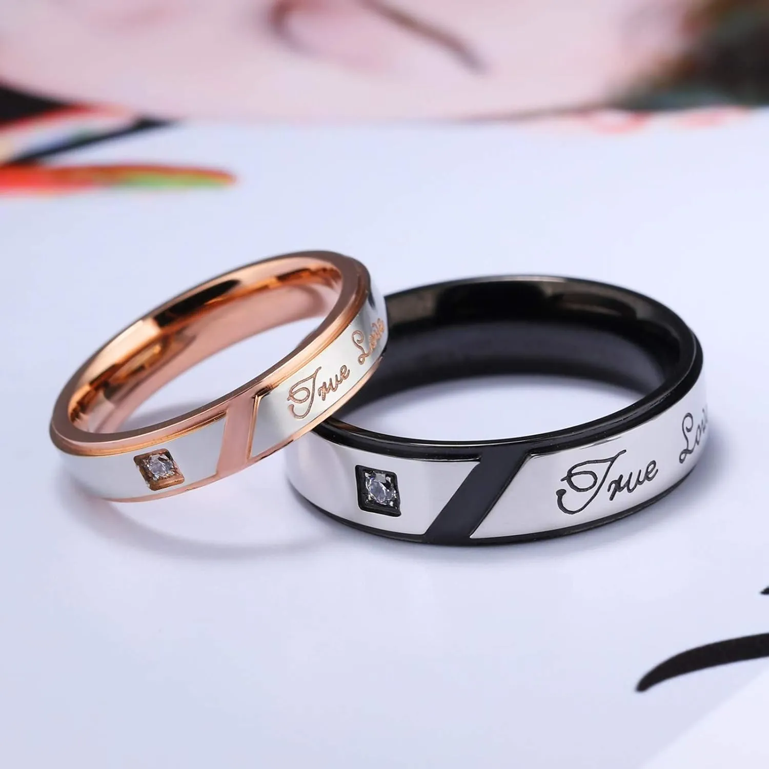 KnSam Couple Ring Stainless Steel Shinning Cubic Zirconia Smooth Black Rose Gold Promise Rings for Couples