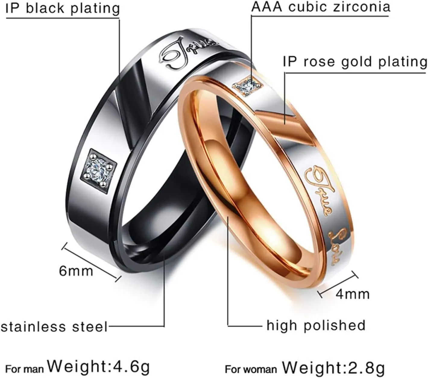 KnSam Couple Ring Stainless Steel Shinning Cubic Zirconia Smooth Black Rose Gold Promise Rings for Couples