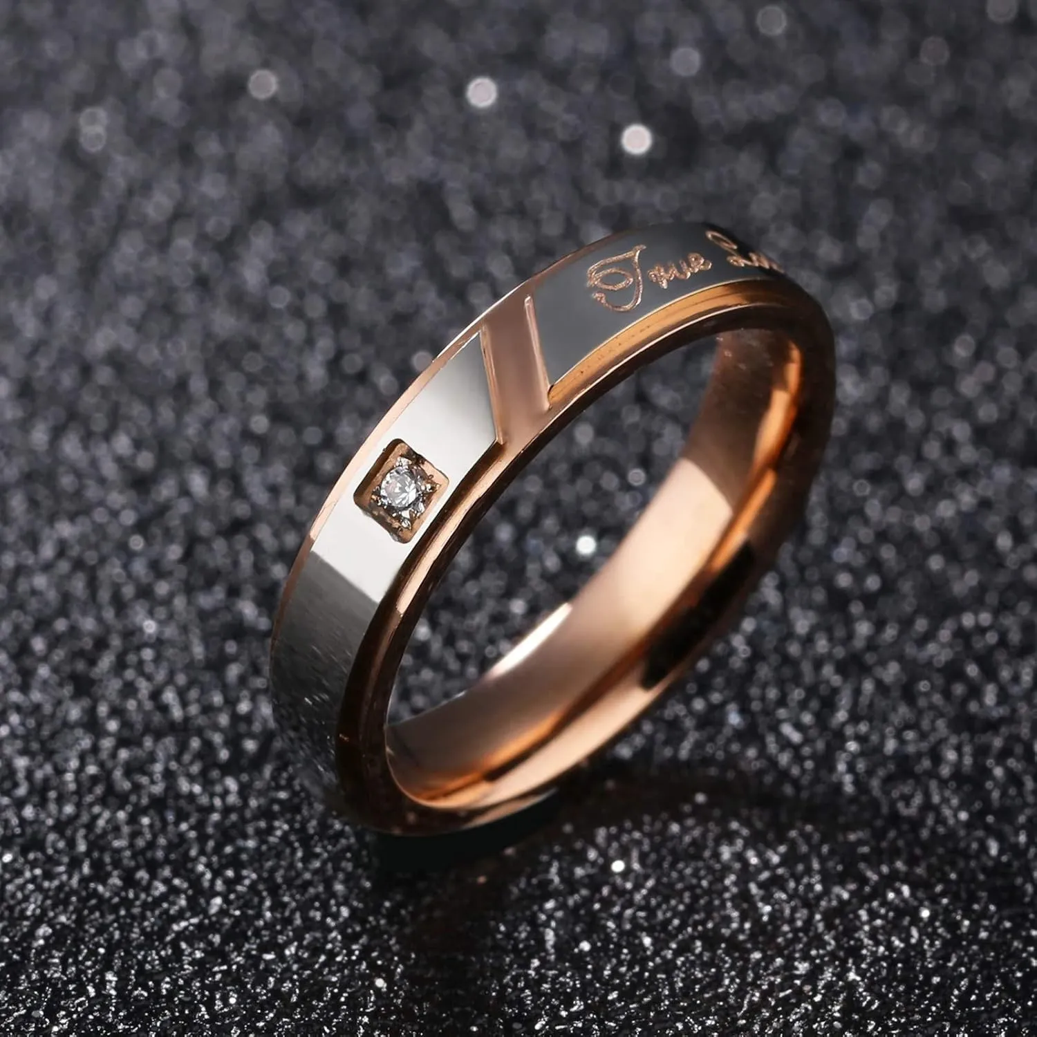 KnSam Couple Ring Stainless Steel Shinning Cubic Zirconia Smooth Black Rose Gold Promise Rings for Couples