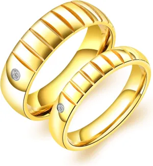 KnSam Couple Ring Stainless Steel Smooth Groove White Cz Gold Anniversary Ring