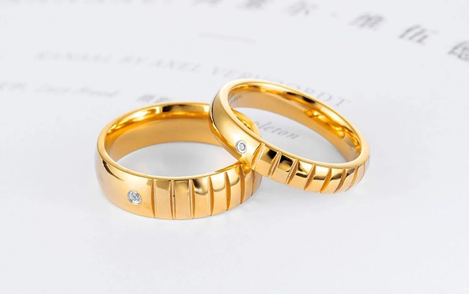 KnSam Couple Ring Stainless Steel Smooth Groove White Cz Gold Anniversary Ring