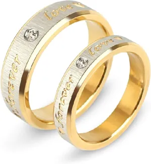 KnSam Couples Ring Stainless Steel Gold Brushed Ring Engraved Forever Love Gold Ring Size 5-13