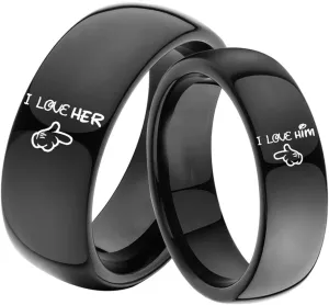 KnSam Couples Wedding Ring Stainless Steel Engraved Hand I Love Her/Him Black Ring Size 5-13