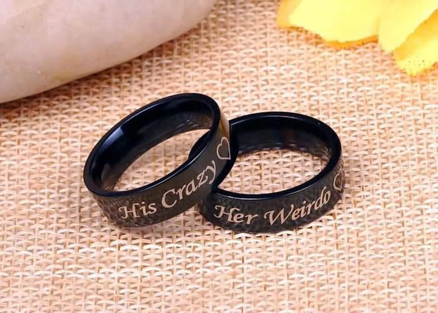 KnSam Couples Wedding Rings Stainless Steel Engraved Heart Her Weirdo and His Crazy Black Ring Size 5-13
