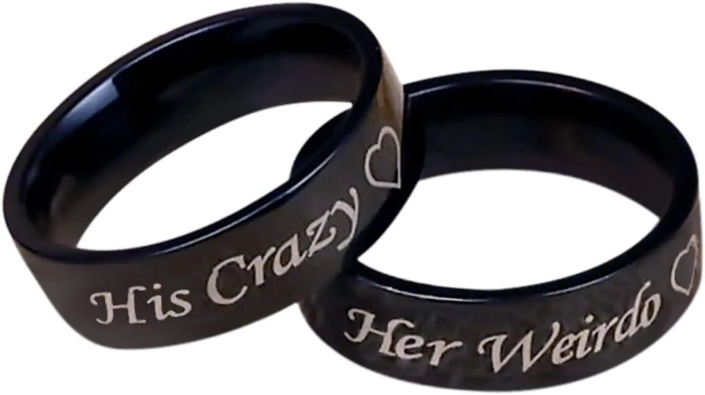 KnSam Couples Wedding Rings Stainless Steel Engraved Heart Her Weirdo and His Crazy Black Ring Size 5-13