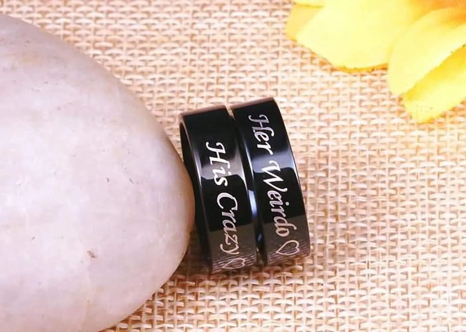 KnSam Couples Wedding Rings Stainless Steel Engraved Heart Her Weirdo and His Crazy Black Ring Size 5-13
