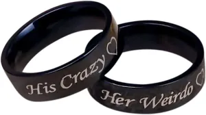 KnSam Couples Wedding Rings Stainless Steel Engraved Heart Her Weirdo and His Crazy Black Ring Size 5-13