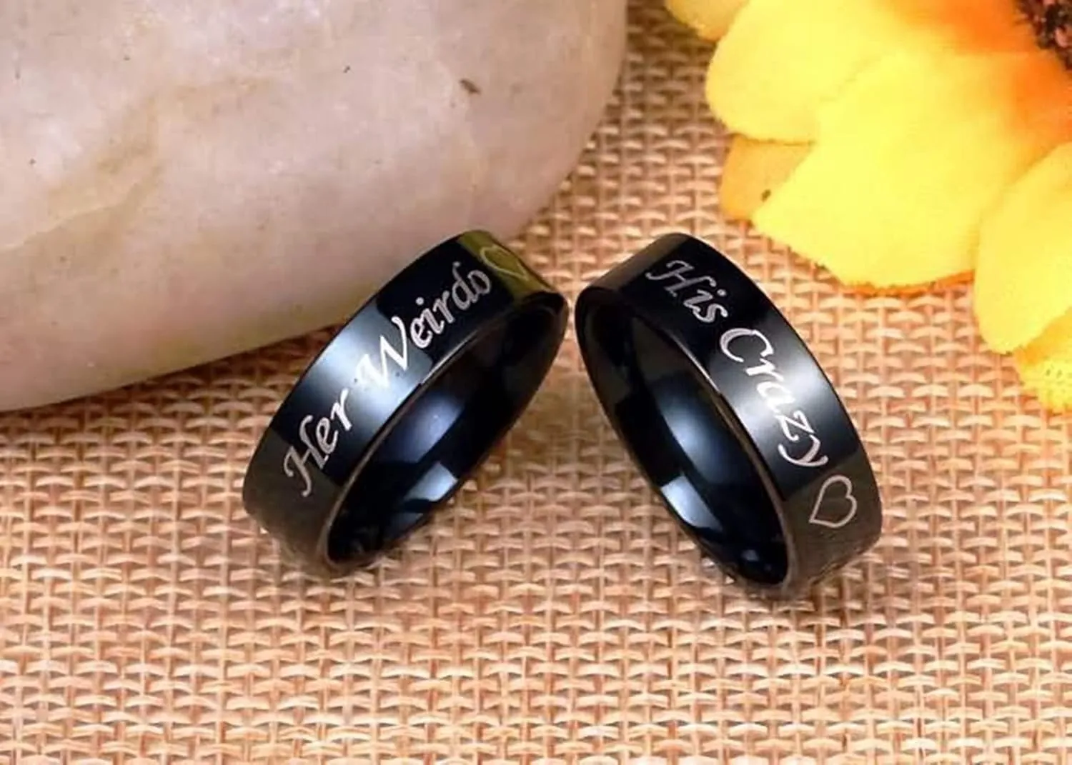 KnSam Couples Wedding Rings Stainless Steel Engraved Heart Her Weirdo and His Crazy Black Ring Size 5-13