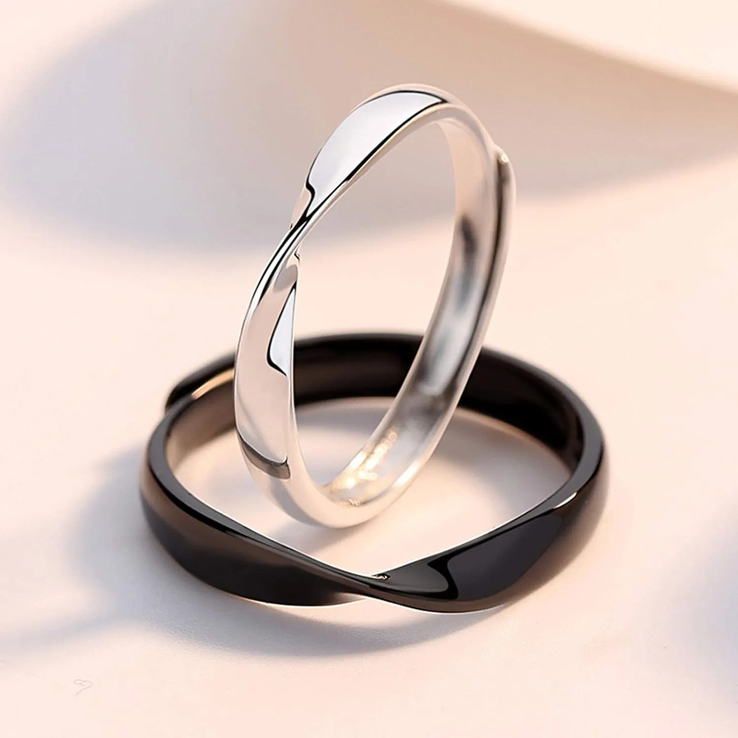 KnSam Eternity Rings Men and Woman 925 Sterling Silver Ring for Couple Black Silver 4Mm/3Mm Mobius Ring Opening