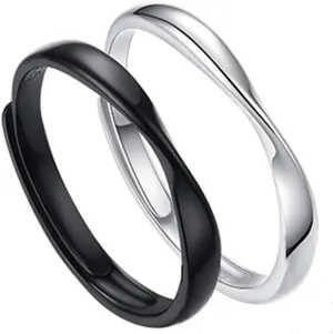 KnSam Eternity Rings Men and Woman 925 Sterling Silver Ring for Couple Black Silver 4Mm/3Mm Mobius Ring Opening