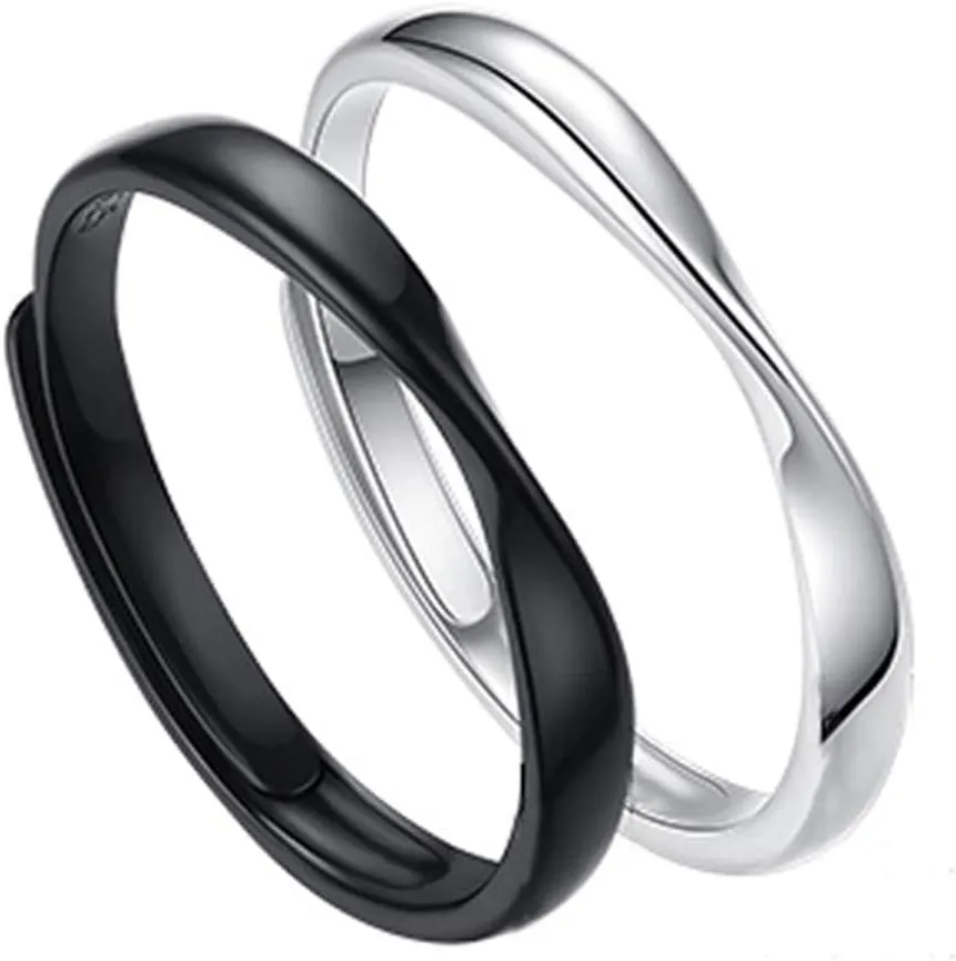 KnSam Eternity Rings Men and Woman 925 Sterling Silver Ring for Couple Black Silver 4Mm/3Mm Mobius Ring Opening