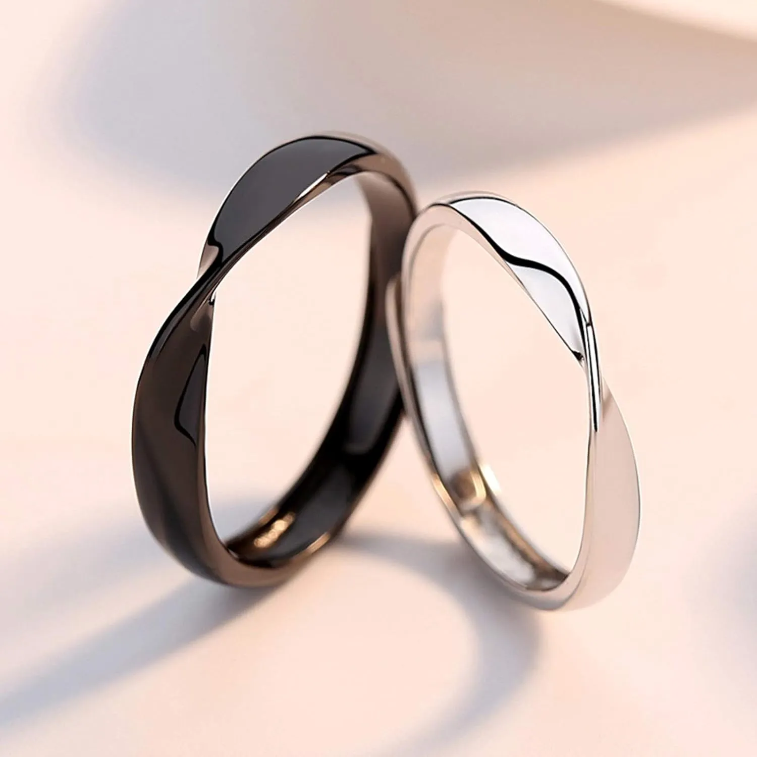 KnSam Eternity Rings Men and Woman 925 Sterling Silver Ring for Couple Black Silver 4Mm/3Mm Mobius Ring Opening
