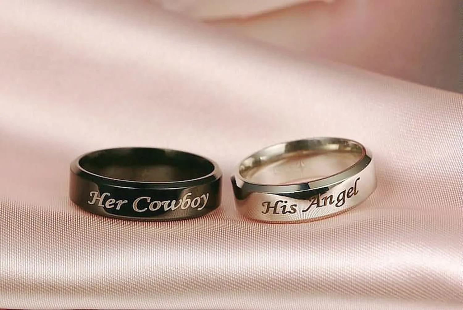 KnSam Ring for Couples Stainless Steel Engraved Her Cowboy and His Angel Silver Black Ring Size 5-13