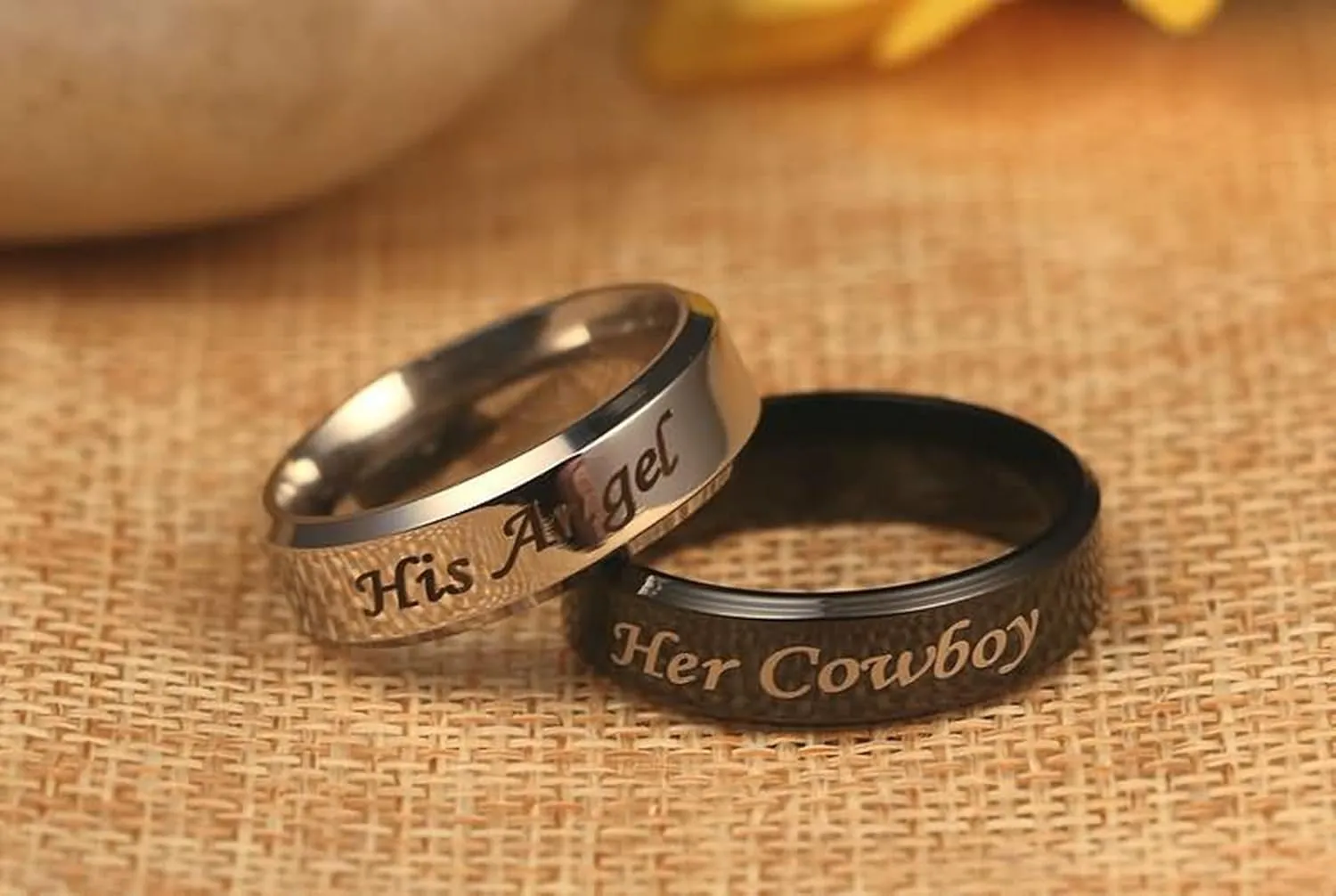 KnSam Ring for Couples Stainless Steel Engraved Her Cowboy and His Angel Silver Black Ring Size 5-13
