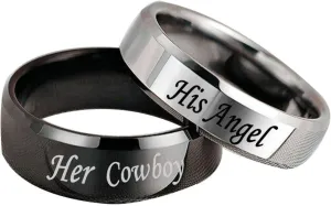 KnSam Ring for Couples Stainless Steel Engraved Her Cowboy and His Angel Silver Black Ring Size 5-13