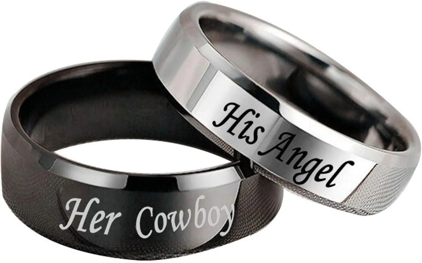 KnSam Ring for Couples Stainless Steel Engraved Her Cowboy and His Angel Silver Black Ring Size 5-13