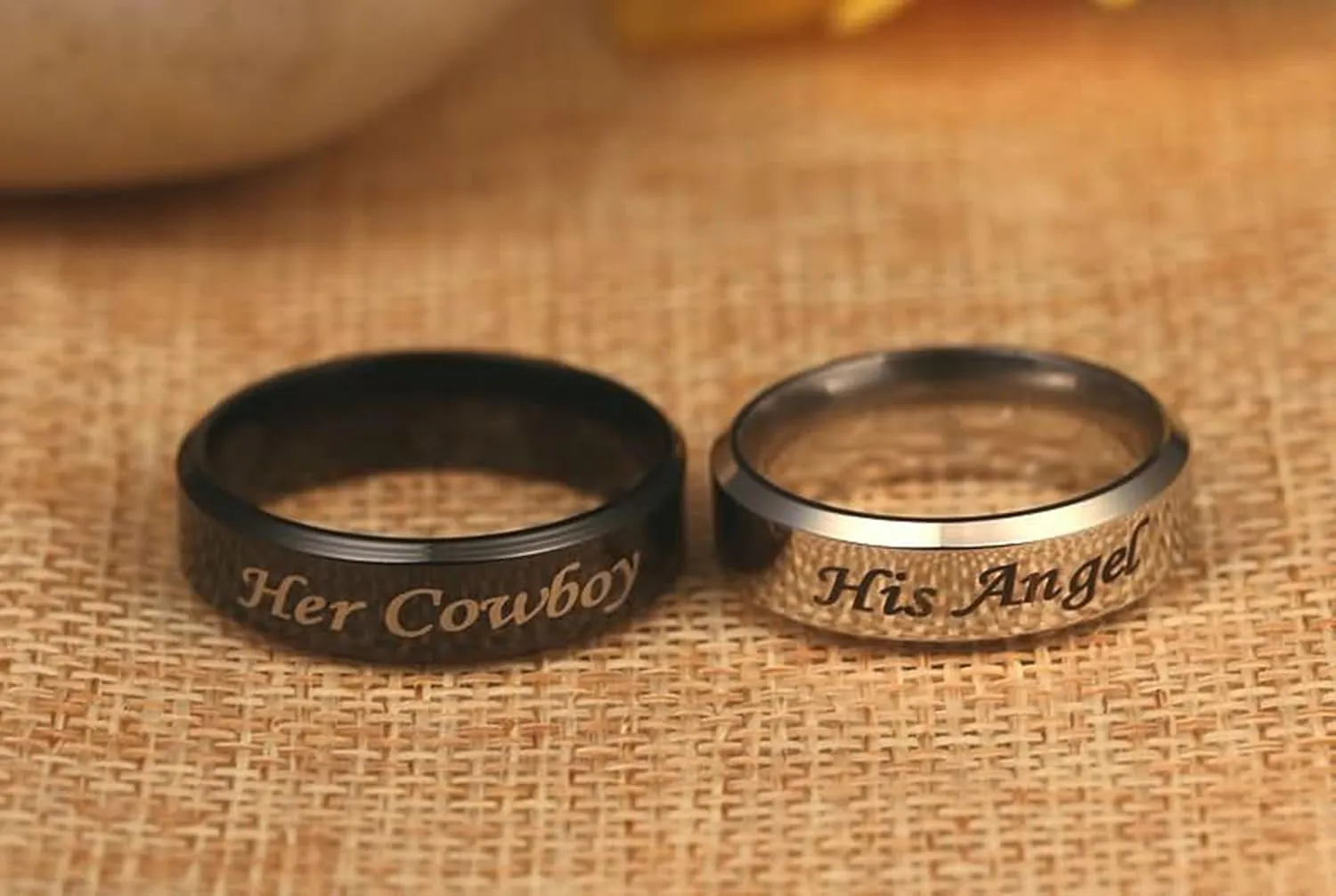 KnSam Ring for Couples Stainless Steel Engraved Her Cowboy and His Angel Silver Black Ring Size 5-13