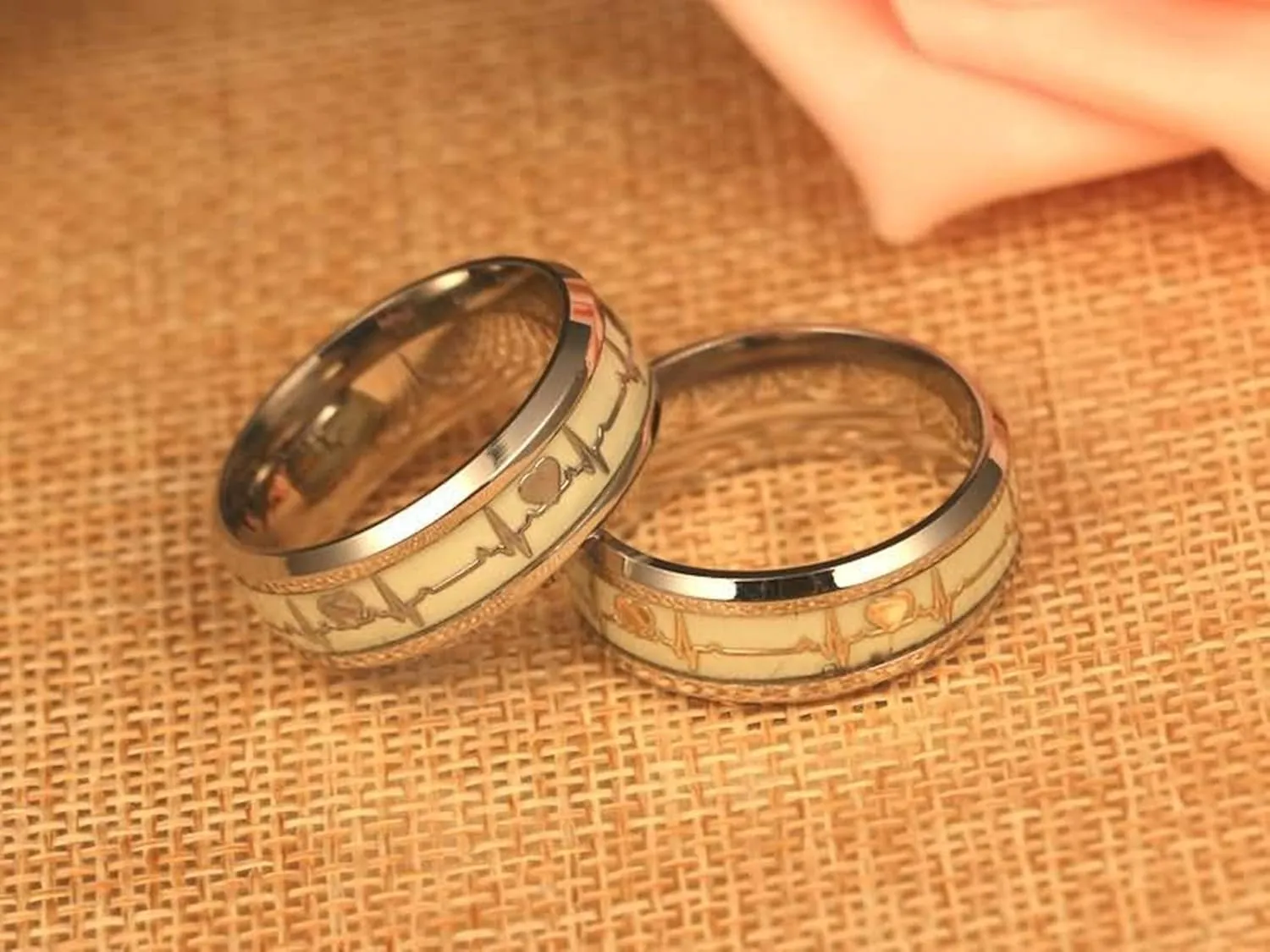 KnSam Rings for Couples Set Stainless Steel Two-Tone Ring with Heartbeat Pattern Silver Ring Size 5-13