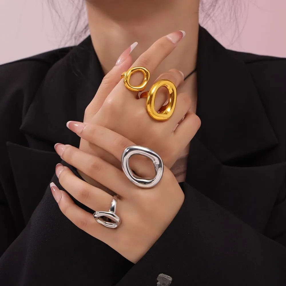 Kokoma Hollow Oval Shaped Chunky Statement Ring for Women Stainless Steel Irregular Thick Chunky Gold Finger Band Stackable Rings Geometric Ring Minimalist Jewelry