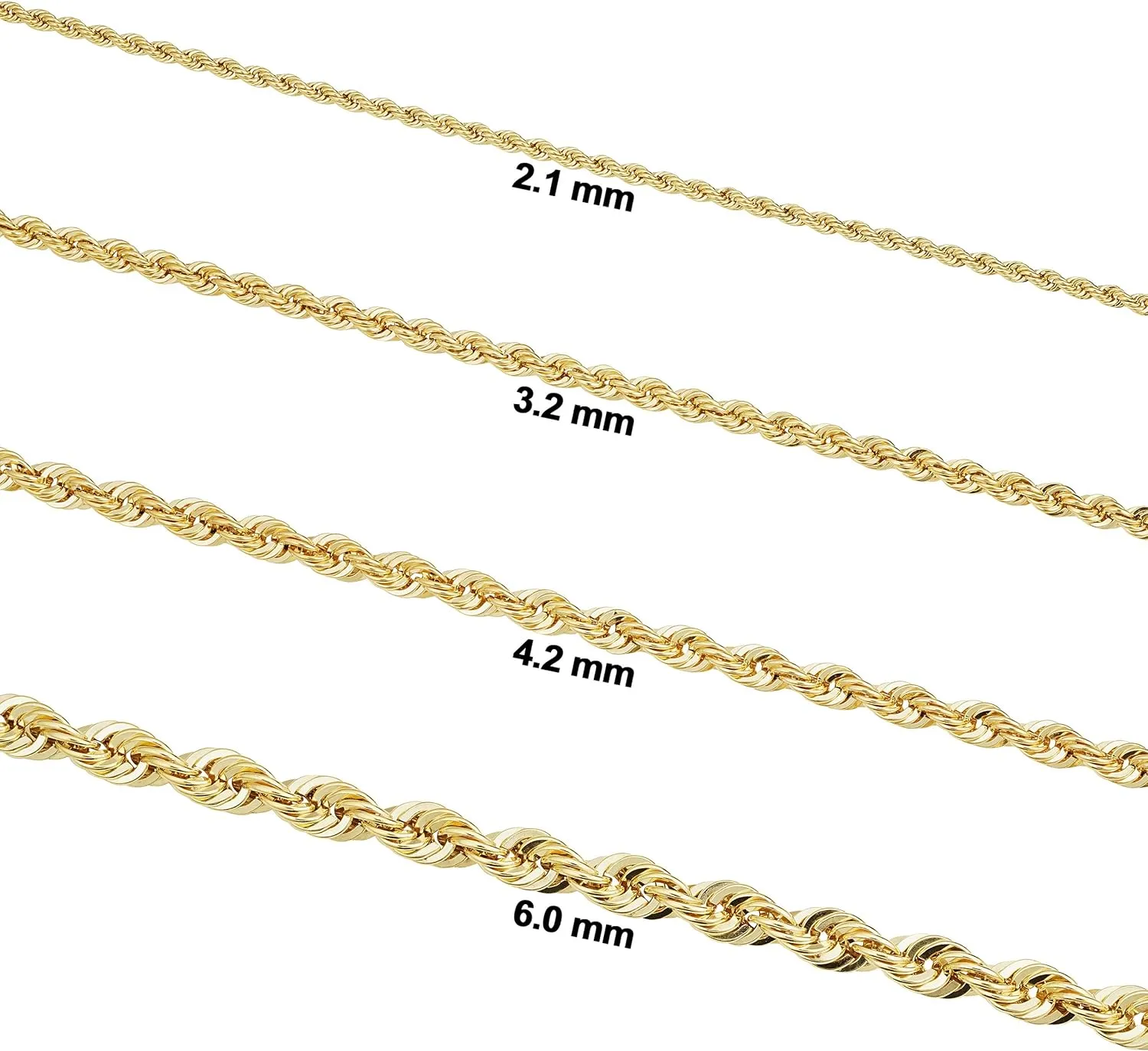 Kooljewelry Solid 14k Yellow Gold Filled Rope Chain Necklace for Men and Women (2.1 mm, 3.2 mm, 4.2 mm or 6 mm)