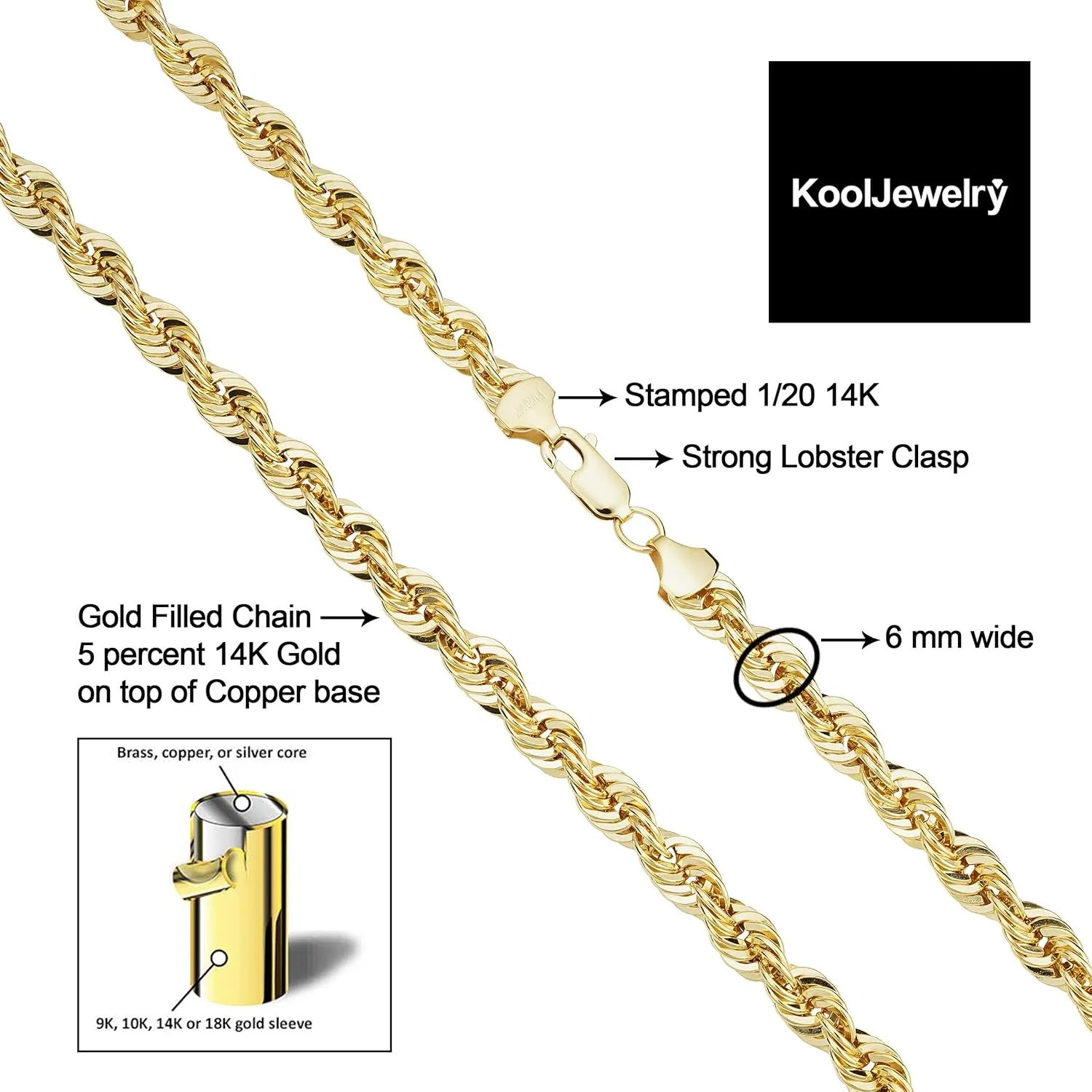 Kooljewelry Solid 14k Yellow Gold Filled Rope Chain Necklace for Men and Women (2.1 mm, 3.2 mm, 4.2 mm or 6 mm)