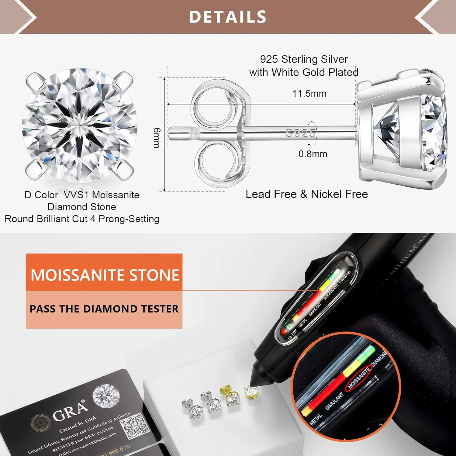 KRKC&CO Lab-Grown Moissanite Stud Earrings for Women: 0.6-3.0 ct.tw, D Color VVS1, 925 Vermeil Sterling Silver 14K Gold Plated, Hypoallergenic, GRA, Jewelry Gift for Her, Birthday, Mother's Day